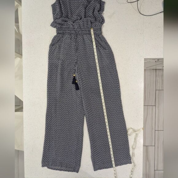 Tory Burch Silk Gauze Jumpsuit Scoop Neck Sleeveless Navy Geo Print Tassels M - Picture 7 of 13